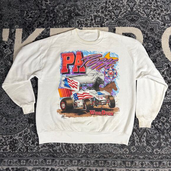 Vintage 90s PA Posse Wide Open Sprint Car Racing Sweatshirt Sweater White Sz XL - Picture 1 of 7
